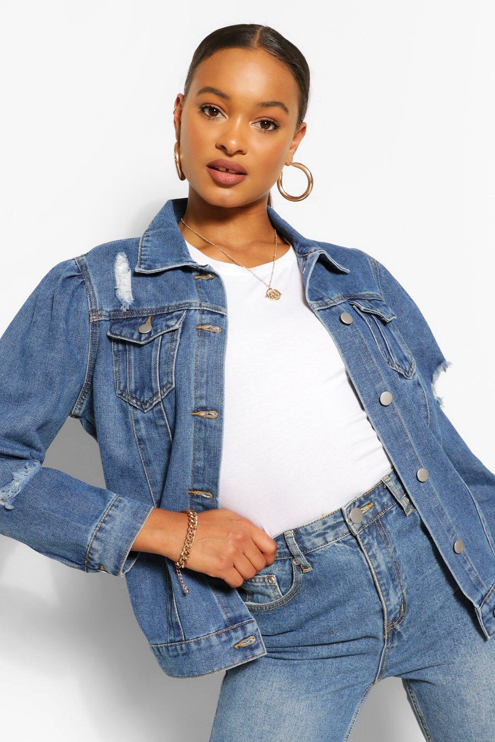 Puff sleeve distressed fashion denim jacket